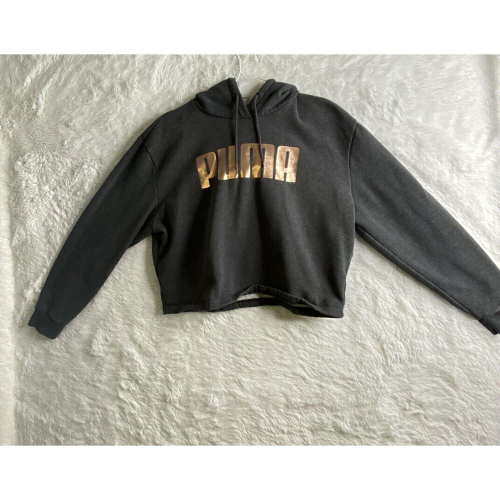 Puma Hoodie M Crop Gray Graphic Logo Long Sleeve Pull Over Drawstring Workout